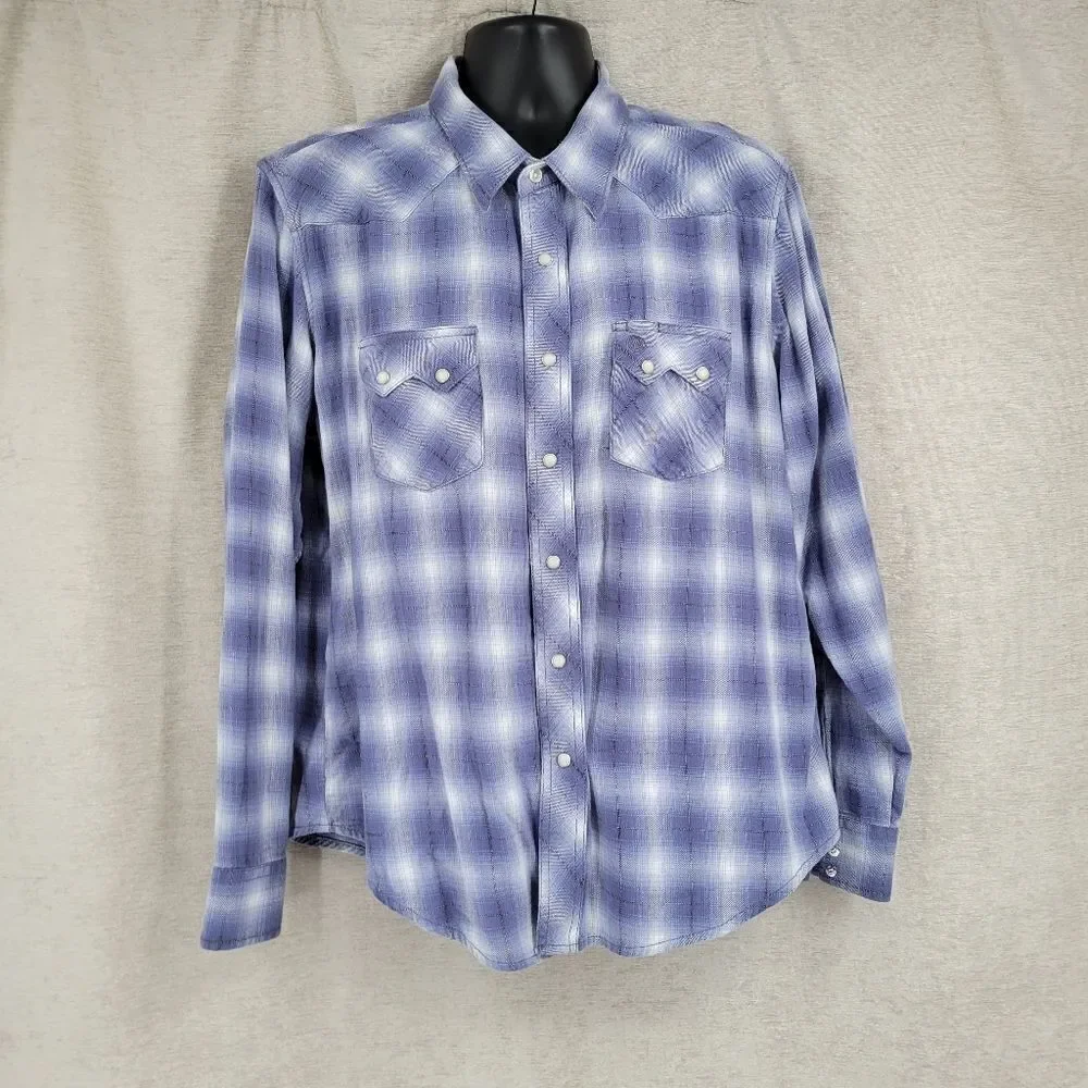 Wrangler Blue White Plaid Flannel Long Sleeve Western Pearl Snap Shirt Men's XL